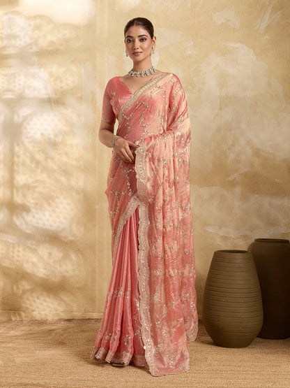 Dwija Fashion Peach Party Wear Embroidered Jimmy Choo Saree With Unstitched Blouse