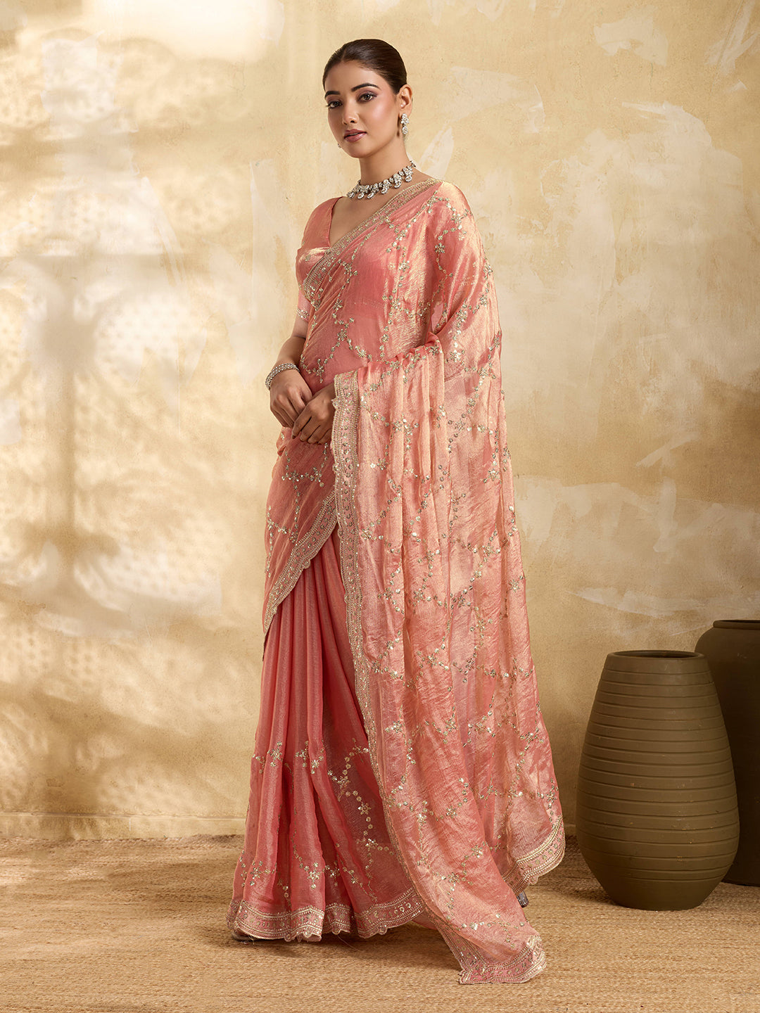 Dwija Fashion Peach Party Wear Embroidered Jimmy Choo Saree With Unstitched Blouse