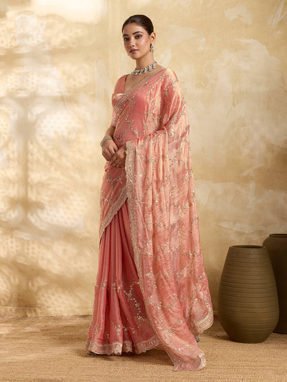 Dwija Fashion Peach Party Wear Embroidered Jimmy Choo Saree With Unstitched Blouse
