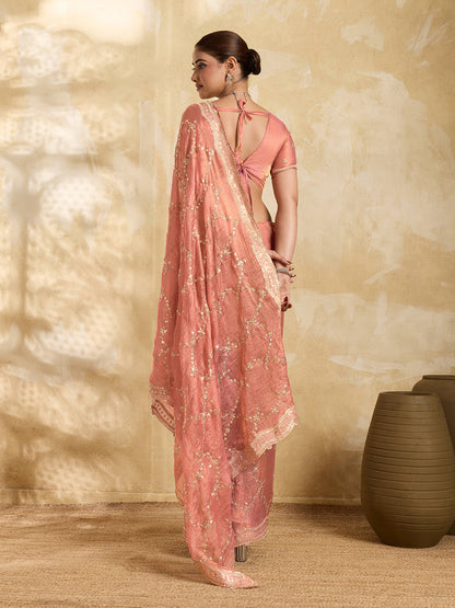 Dwija Fashion Peach Party Wear Embroidered Jimmy Choo Saree With Unstitched Blouse