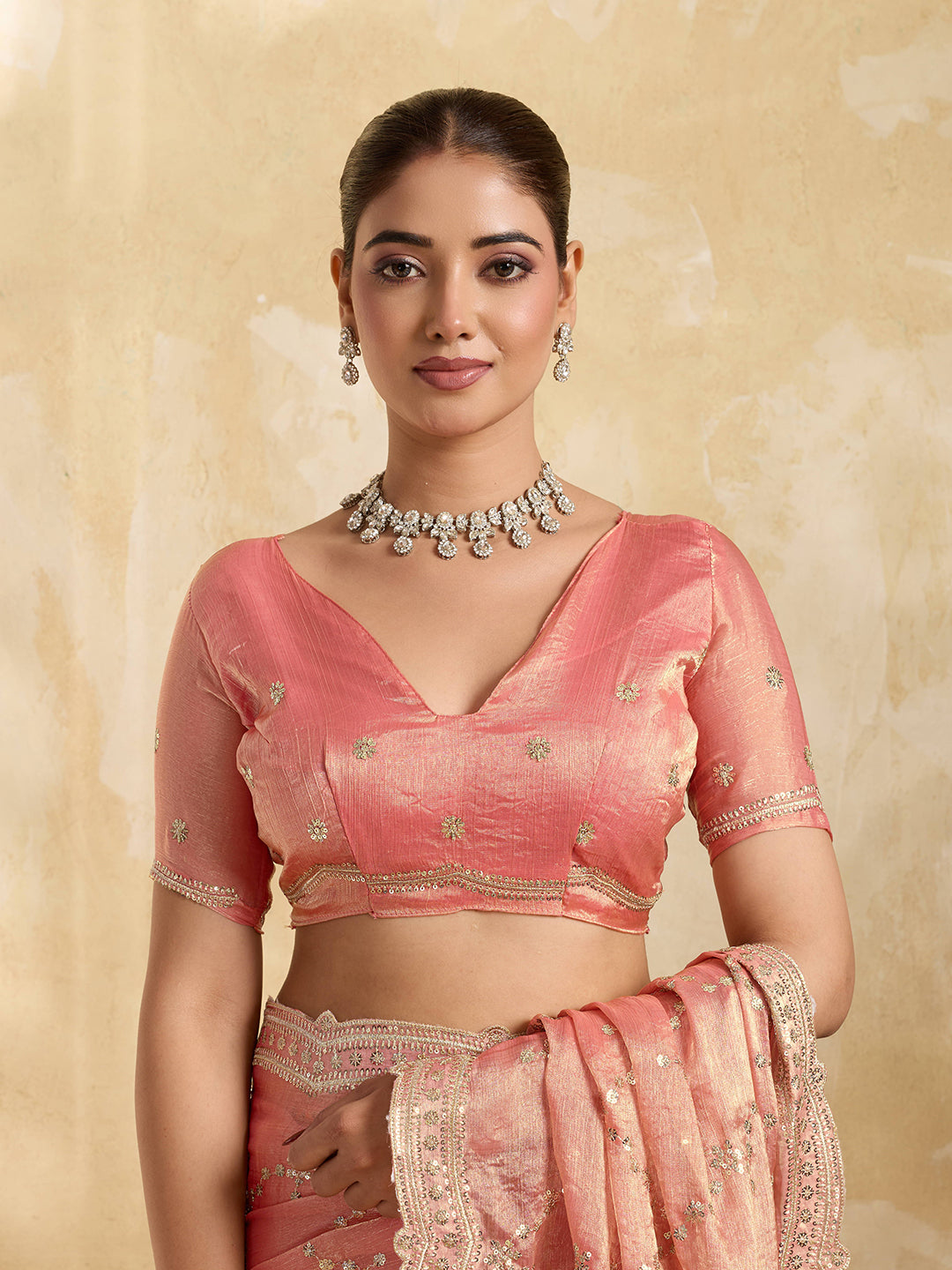 Dwija Fashion Peach Party Wear Embroidered Jimmy Choo Saree With Unstitched Blouse