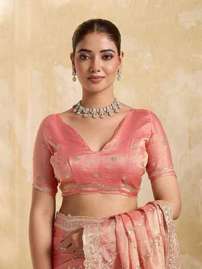 Dwija Fashion Peach Party Wear Embroidered Jimmy Choo Saree With Unstitched Blouse