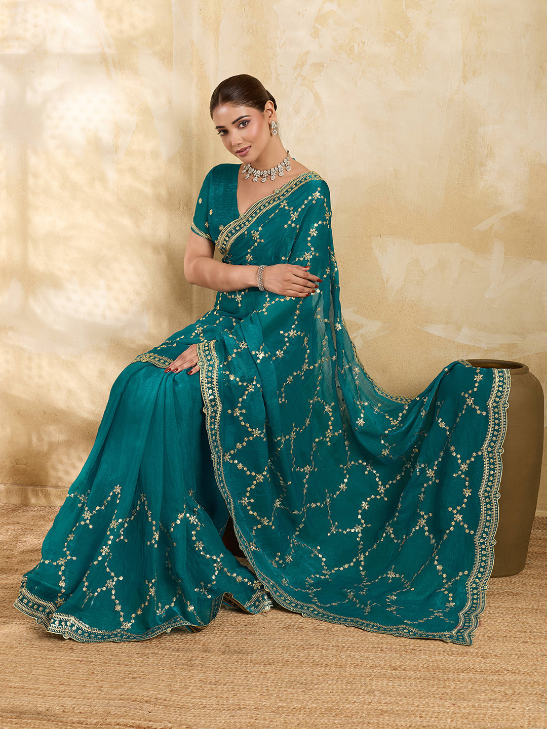 Dwija Fashion Teal Blue Party Wear Embroidered Jimmy Choo Saree With Unstitched Blouse
