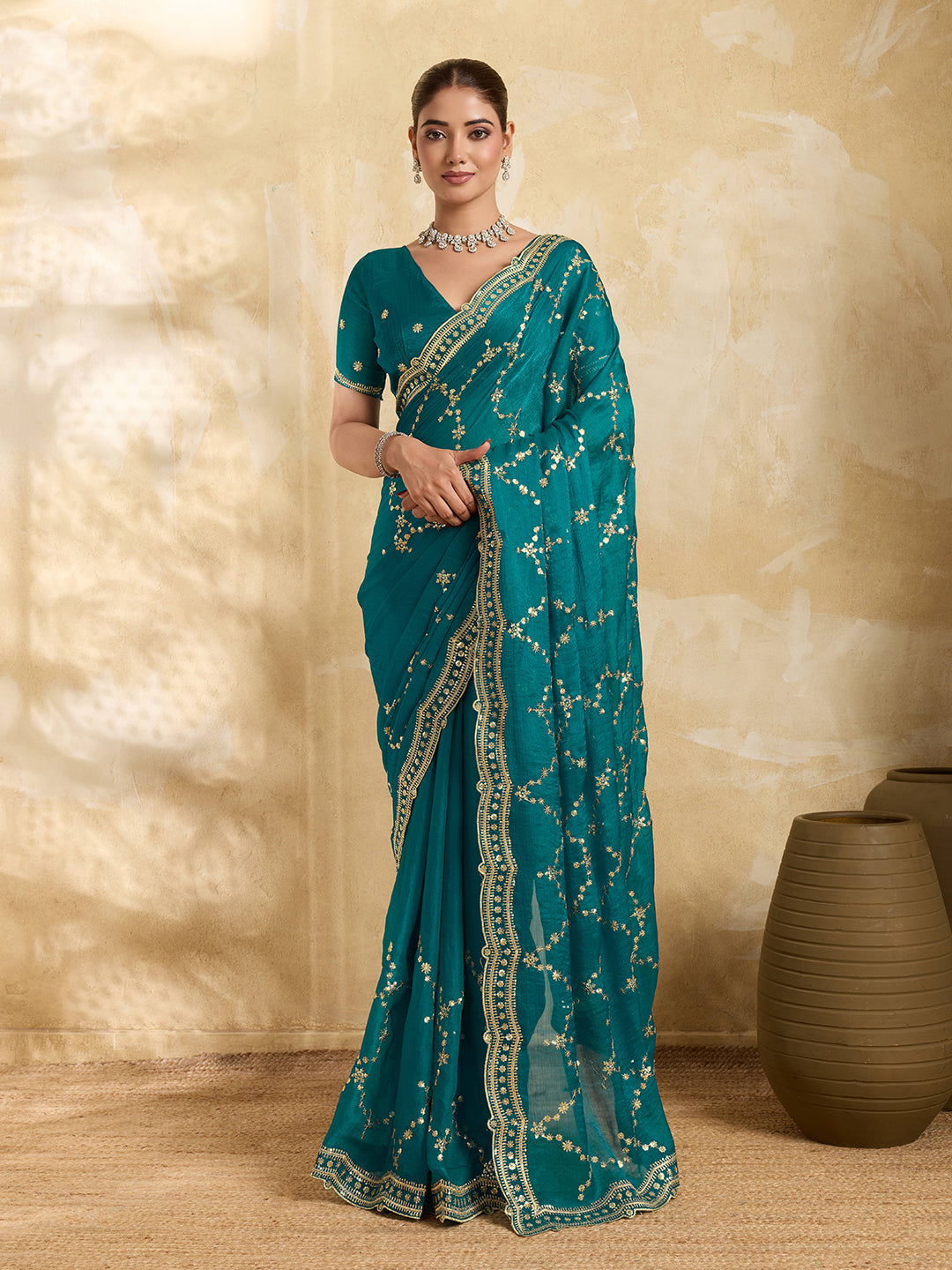 Dwija Fashion Teal Blue Party Wear Embroidered Jimmy Choo Saree With Unstitched Blouse