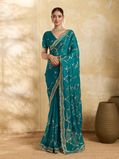 Dwija Fashion Teal Blue Party Wear Embroidered Jimmy Choo Saree With Unstitched Blouse