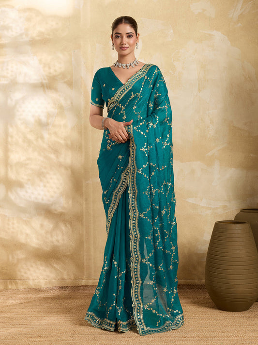 Dwija Fashion Teal Blue Party Wear Embroidered Jimmy Choo Saree With Unstitched Blouse