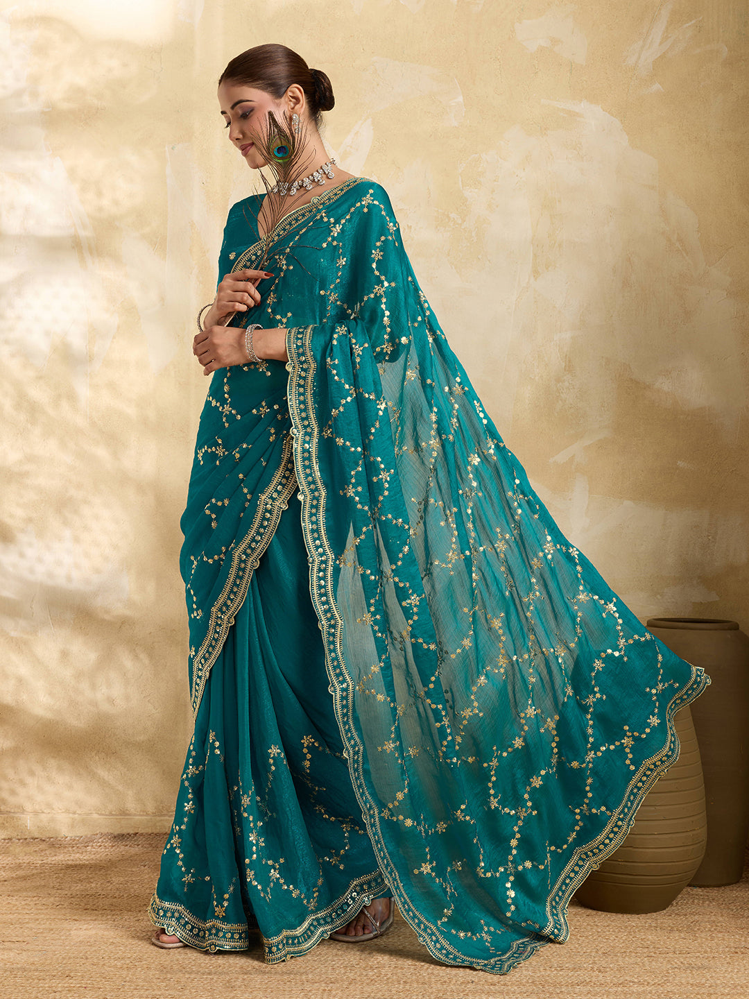 Dwija Fashion Teal Blue Party Wear Embroidered Jimmy Choo Saree With Unstitched Blouse