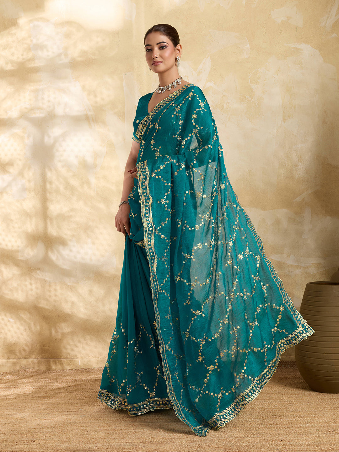 Dwija Fashion Teal Blue Party Wear Embroidered Jimmy Choo Saree With Unstitched Blouse