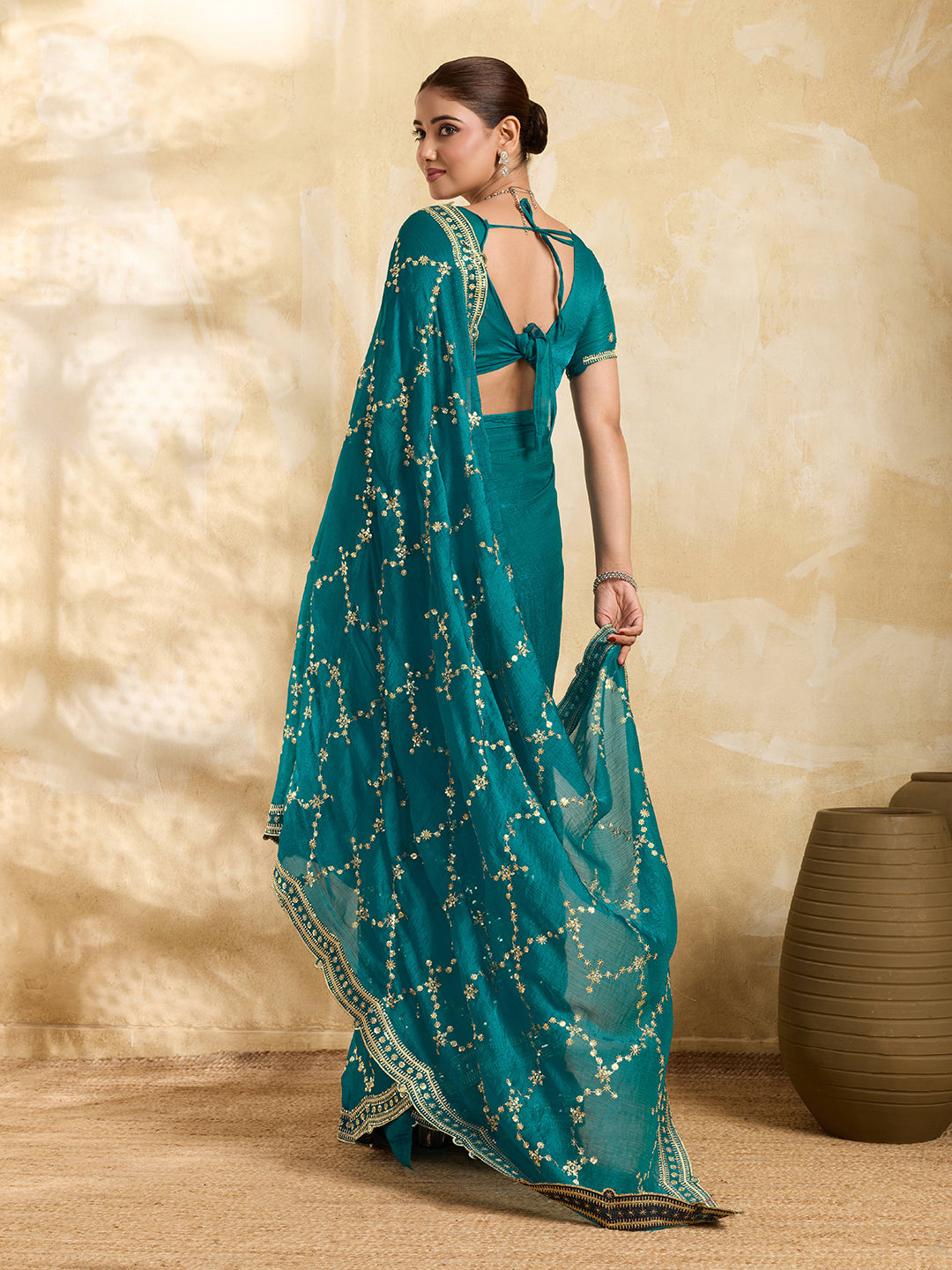 Dwija Fashion Teal Blue Party Wear Embroidered Jimmy Choo Saree With Unstitched Blouse