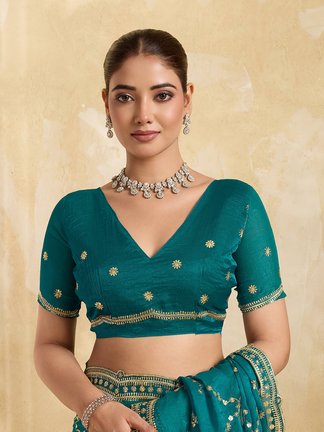 Dwija Fashion Teal Blue Party Wear Embroidered Jimmy Choo Saree With Unstitched Blouse