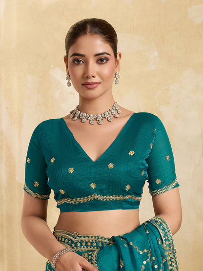 Dwija Fashion Teal Blue Party Wear Embroidered Jimmy Choo Saree With Unstitched Blouse