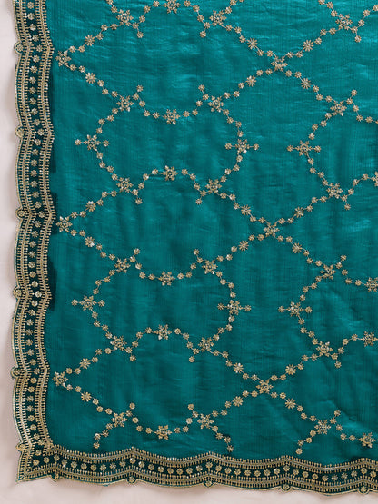Dwija Fashion Teal Blue Party Wear Embroidered Jimmy Choo Saree With Unstitched Blouse