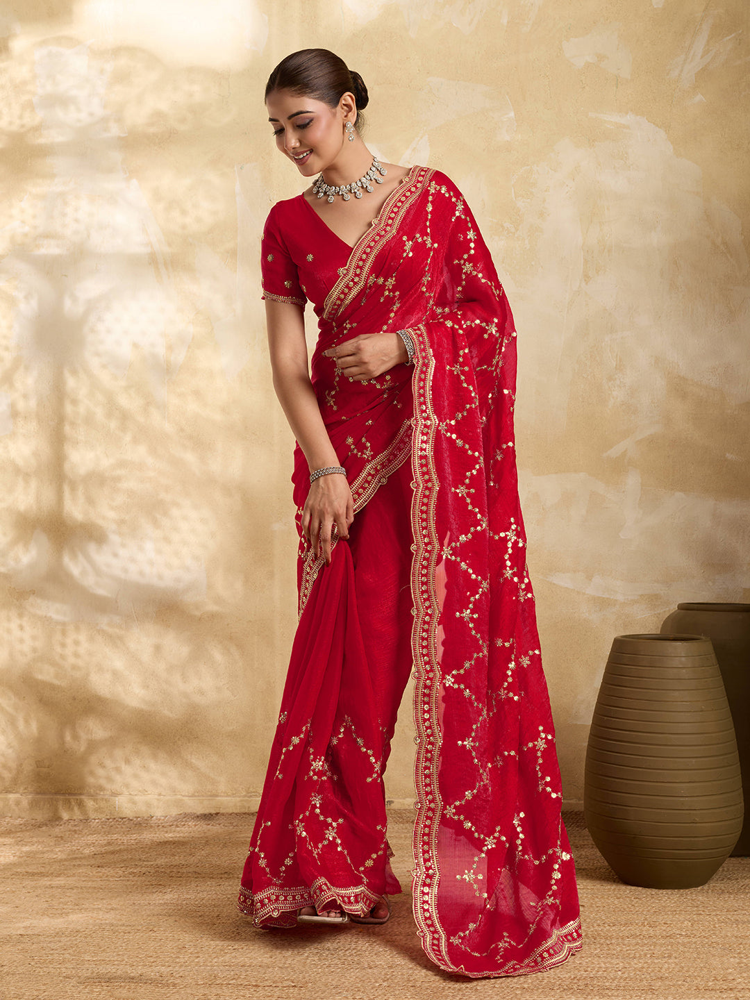 Dwija Fashion Red Party Wear Embroidered Jimmy Choo Saree With Unstitched Blouse