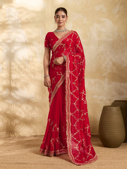 Dwija Fashion Red Party Wear Embroidered Jimmy Choo Saree With Unstitched Blouse