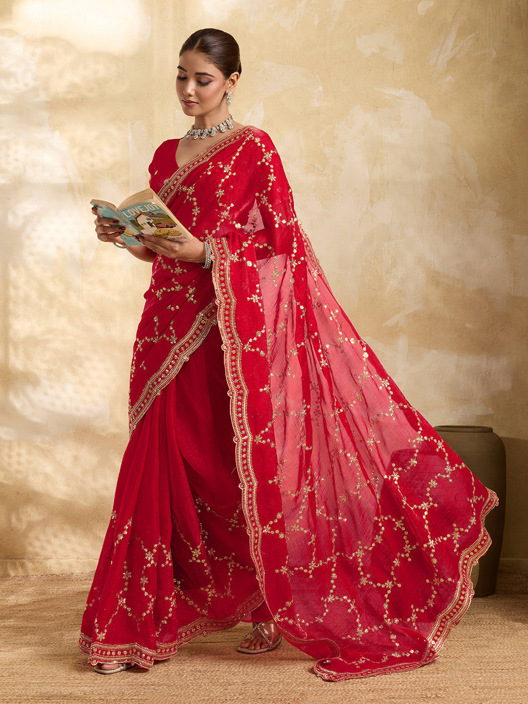 Dwija Fashion Red Party Wear Embroidered Jimmy Choo Saree With Unstitched Blouse