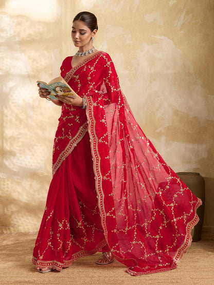 Dwija Fashion Red Party Wear Embroidered Jimmy Choo Saree With Unstitched Blouse