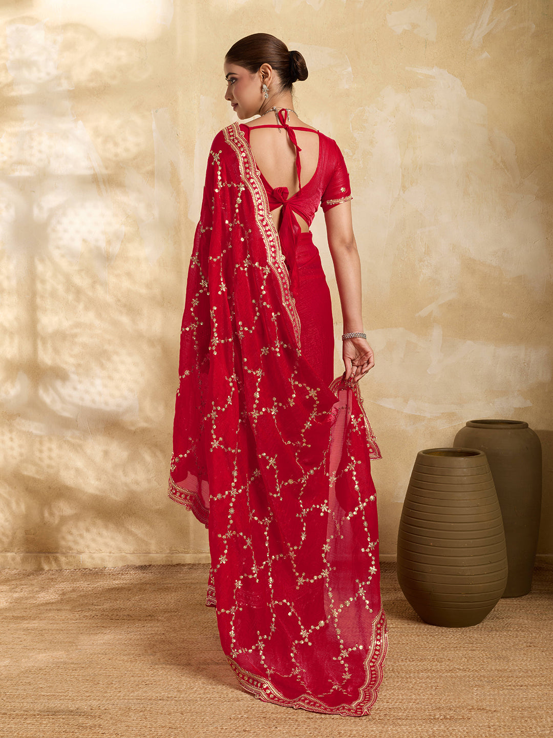 Dwija Fashion Red Party Wear Embroidered Jimmy Choo Saree With Unstitched Blouse