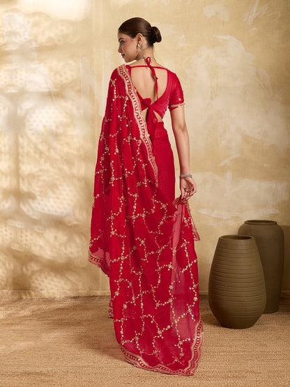 Dwija Fashion Red Party Wear Embroidered Jimmy Choo Saree With Unstitched Blouse