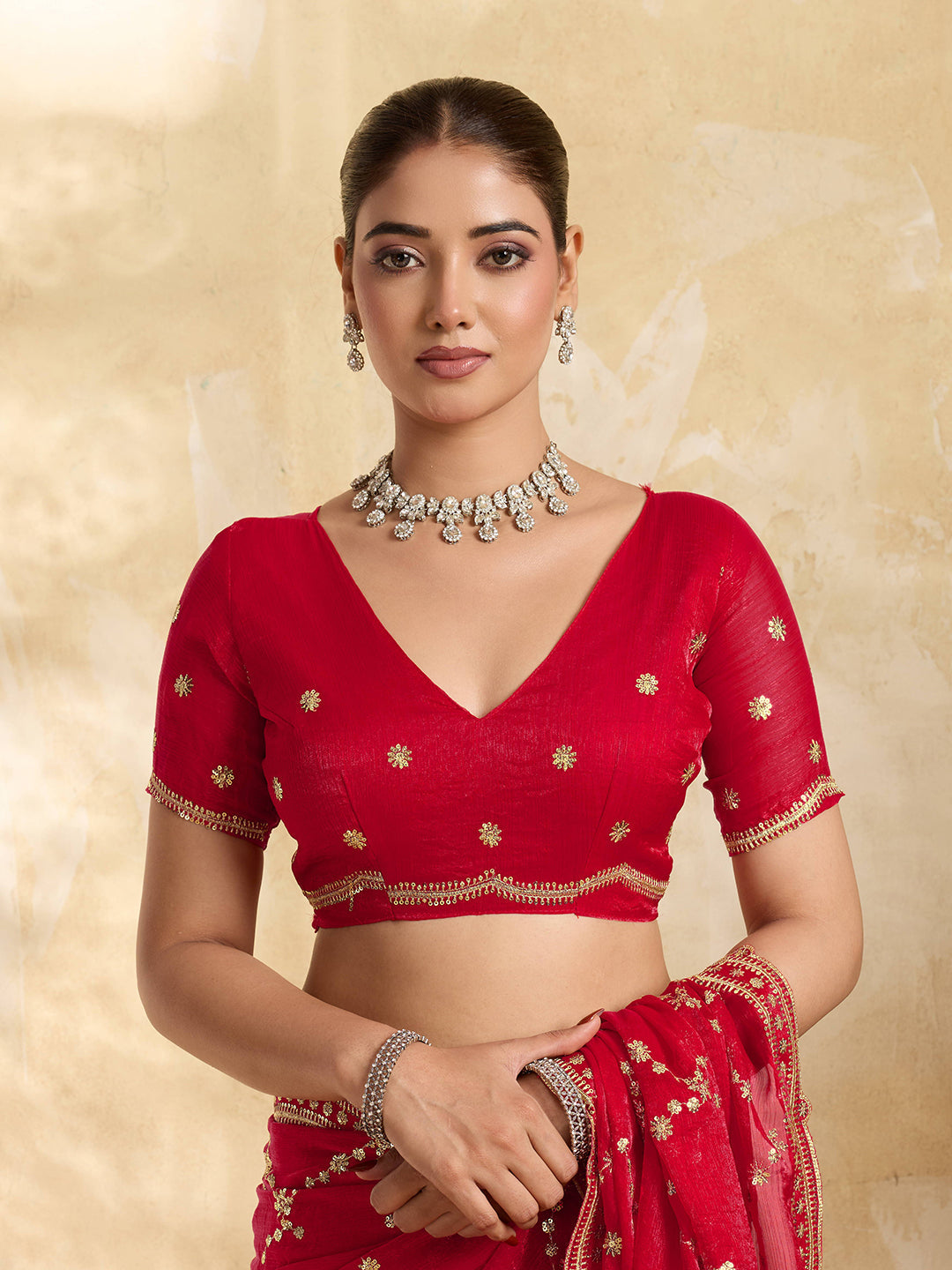 Dwija Fashion Red Party Wear Embroidered Jimmy Choo Saree With Unstitched Blouse