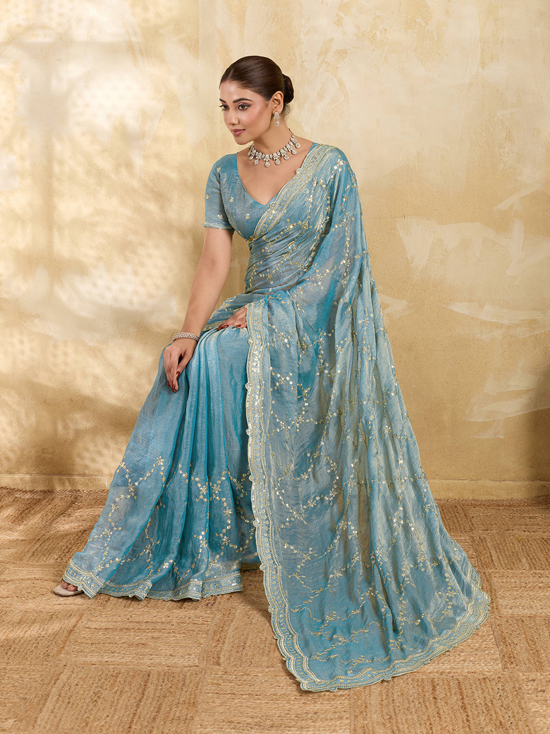 Dwija Fashion Sky Blue Party Wear Embroidered Jimmy Choo Saree With Unstitched Blouse