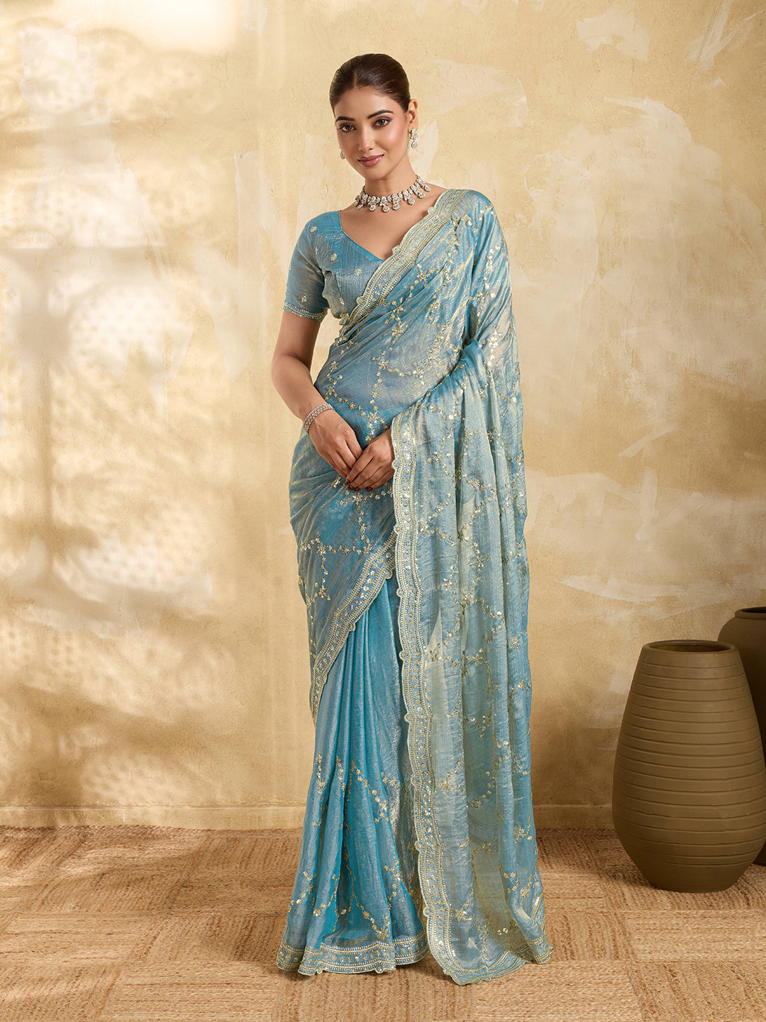 Dwija Fashion Sky Blue Party Wear Embroidered Jimmy Choo Saree With Unstitched Blouse