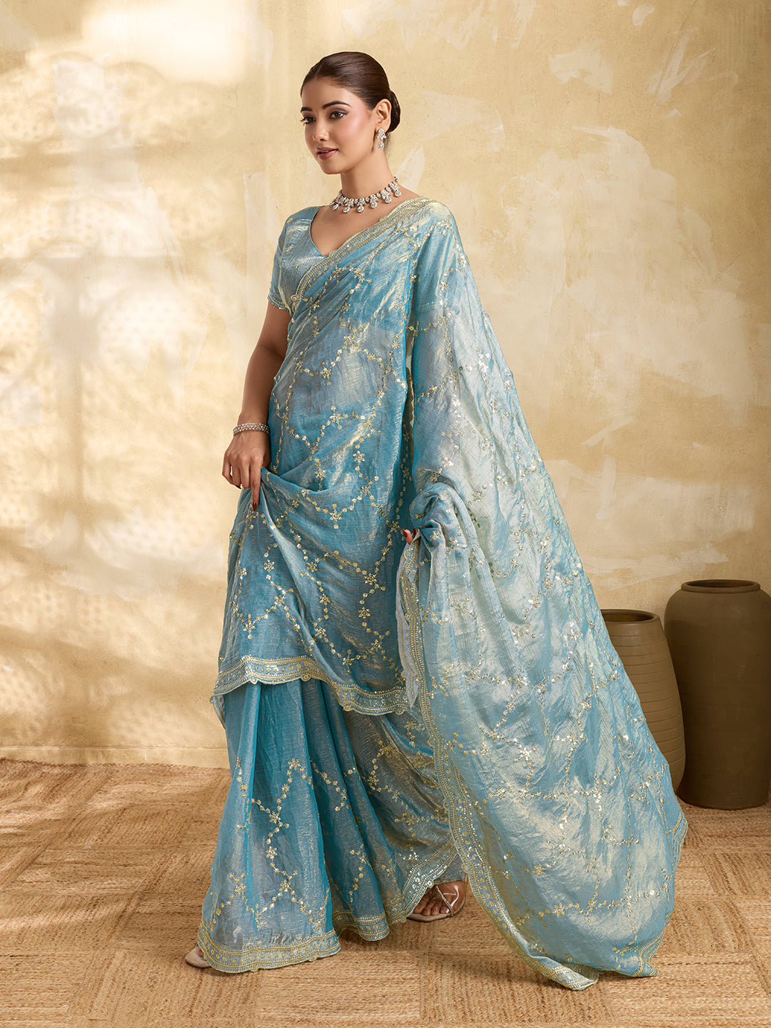 Dwija Fashion Sky Blue Party Wear Embroidered Jimmy Choo Saree With Unstitched Blouse