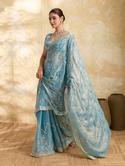 Dwija Fashion Sky Blue Party Wear Embroidered Jimmy Choo Saree With Unstitched Blouse