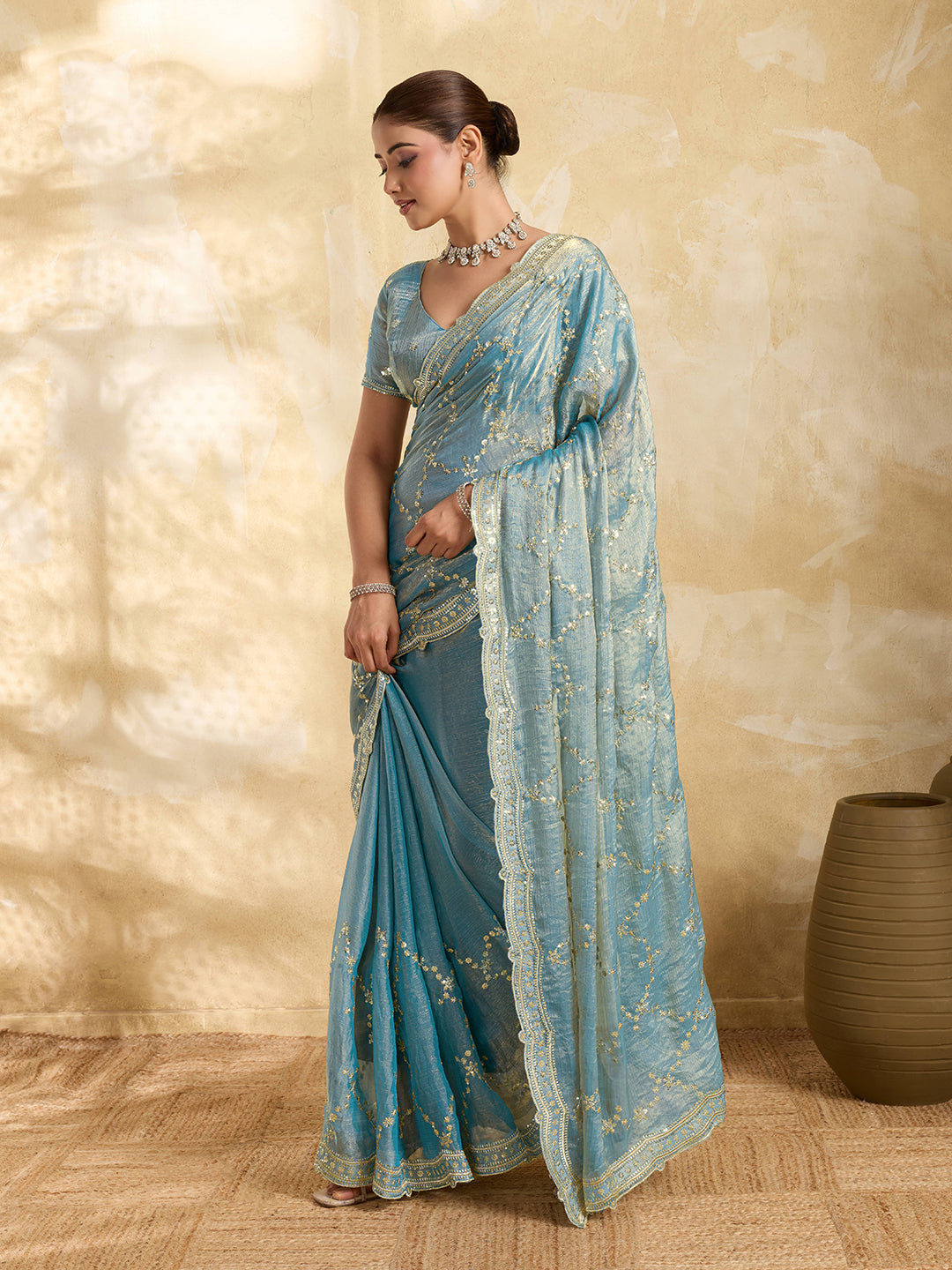 Dwija Fashion Sky Blue Party Wear Embroidered Jimmy Choo Saree With Unstitched Blouse