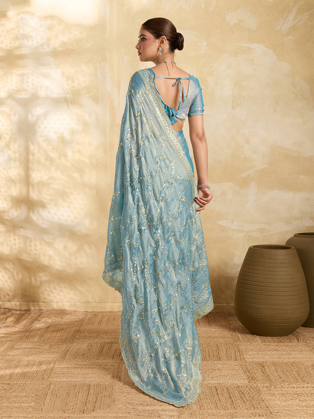 Dwija Fashion Sky Blue Party Wear Embroidered Jimmy Choo Saree With Unstitched Blouse