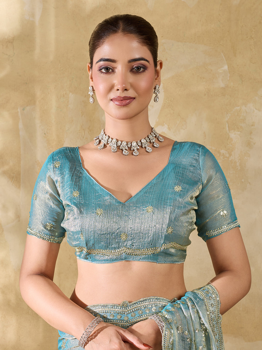 Dwija Fashion Sky Blue Party Wear Embroidered Jimmy Choo Saree With Unstitched Blouse