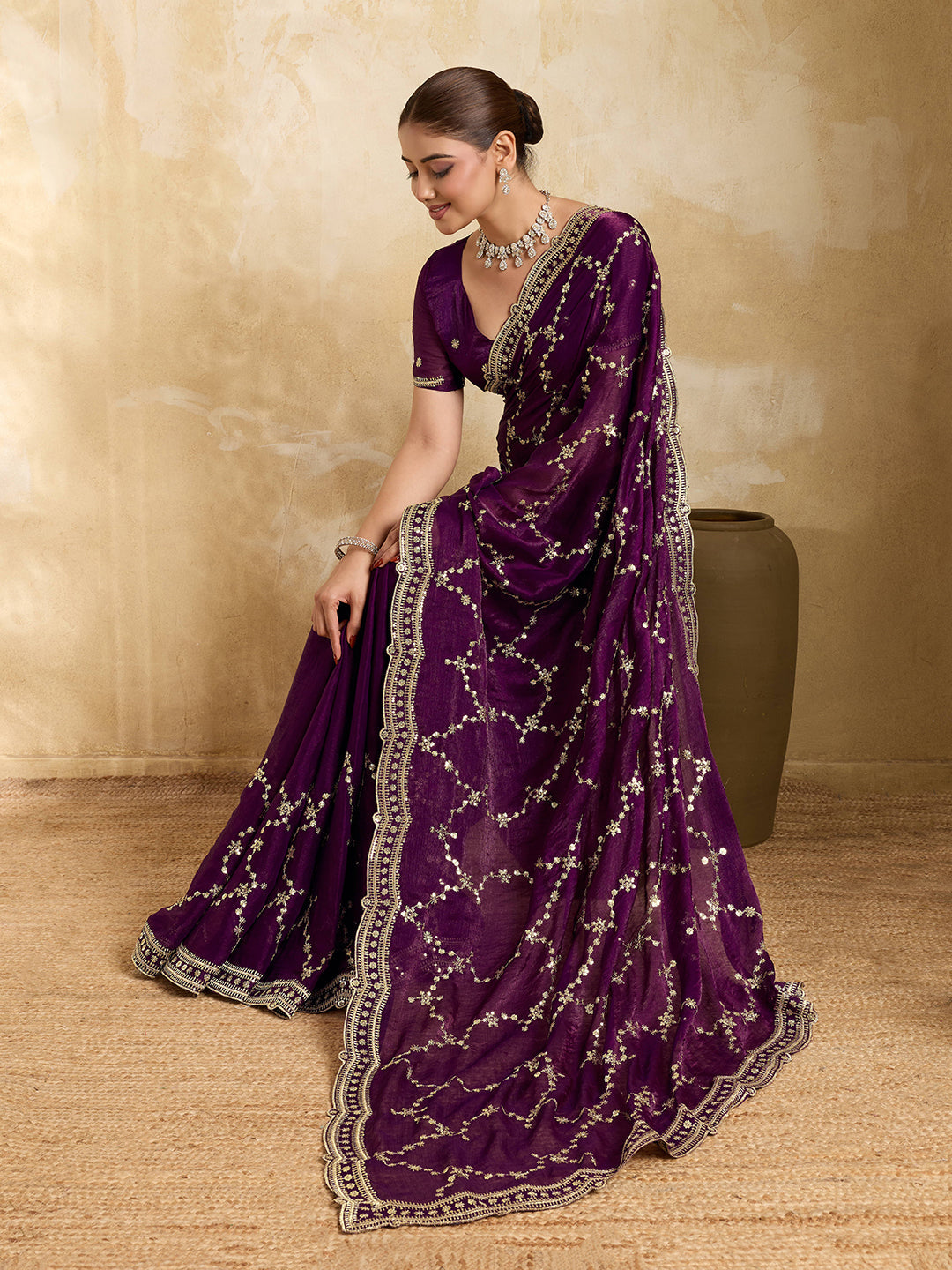 Dwija Fashion Wine Party Wear Embroidered Jimmy Choo Saree With Unstitched Blouse
