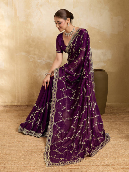 Dwija Fashion Wine Party Wear Embroidered Jimmy Choo Saree With Unstitched Blouse
