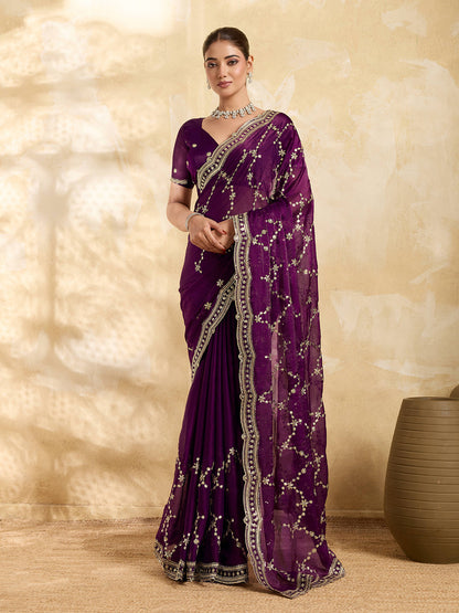 Dwija Fashion Wine Party Wear Embroidered Jimmy Choo Saree With Unstitched Blouse