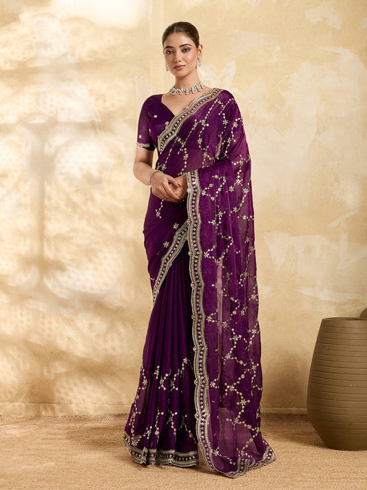 Dwija Fashion Wine Party Wear Embroidered Jimmy Choo Saree With Unstitched Blouse