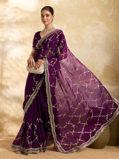 Dwija Fashion Wine Party Wear Embroidered Jimmy Choo Saree With Unstitched Blouse