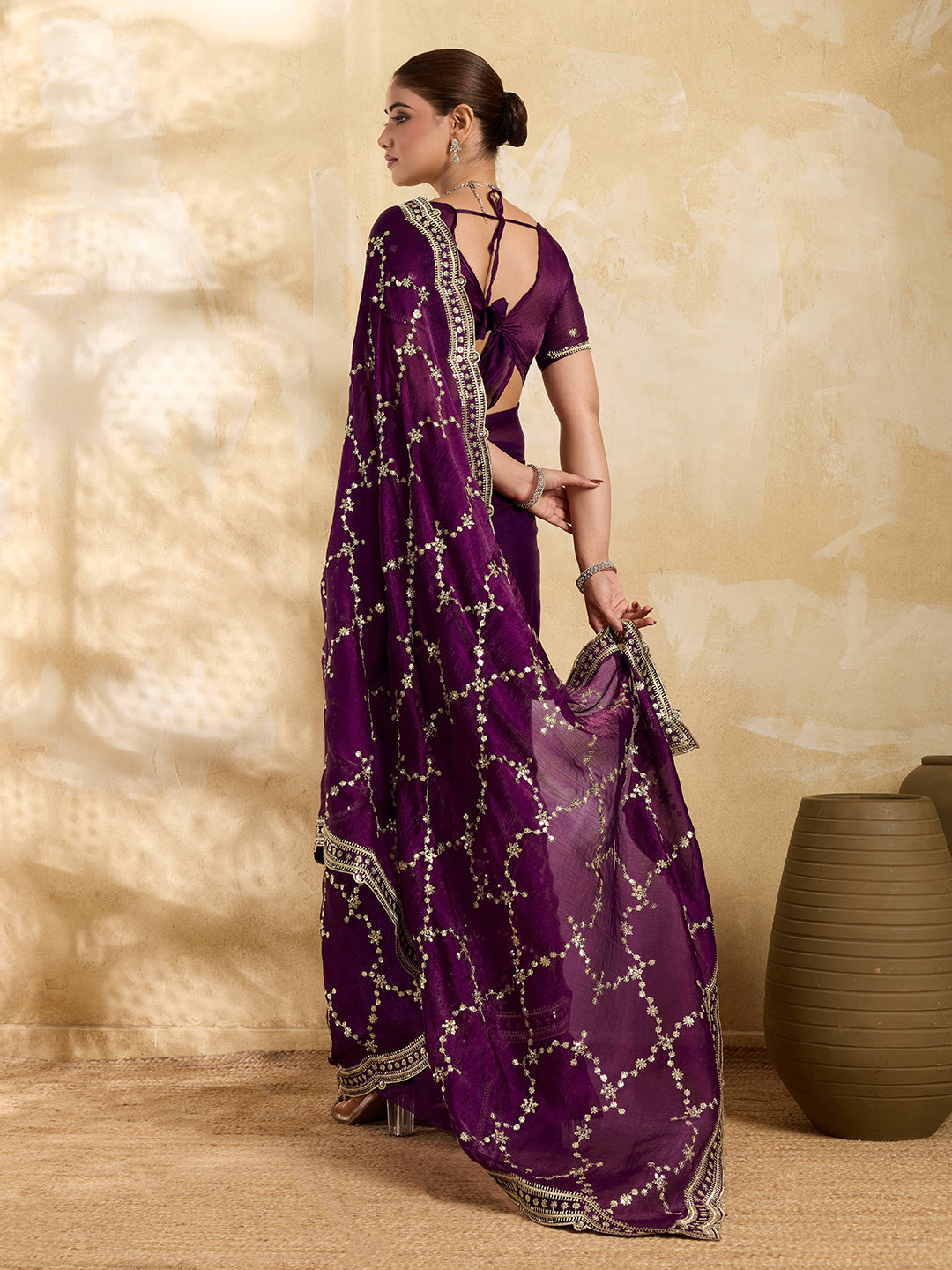 Dwija Fashion Wine Party Wear Embroidered Jimmy Choo Saree With Unstitched Blouse