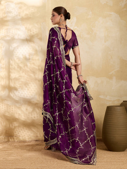 Dwija Fashion Wine Party Wear Embroidered Jimmy Choo Saree With Unstitched Blouse