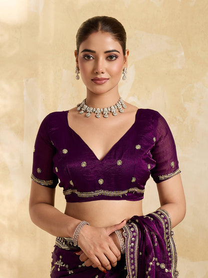 Dwija Fashion Wine Party Wear Embroidered Jimmy Choo Saree With Unstitched Blouse