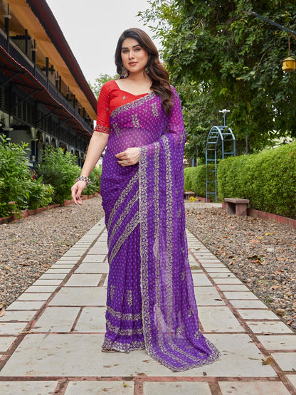 Dwija Fashion Blue Party Wear Embroidered Georgette Saree With Unstitched Blouse