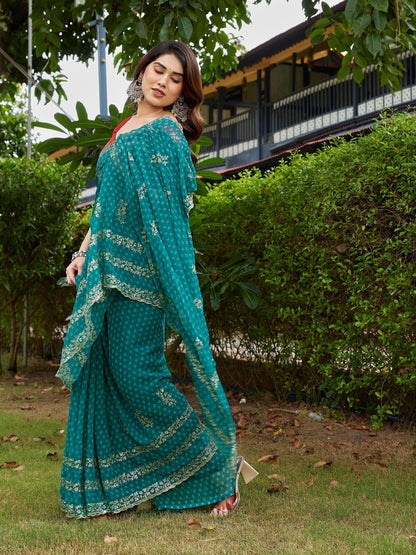 Dwija Fashion Sky Blue Party Wear Embroidered Georgette Saree With Unstitched Blouse