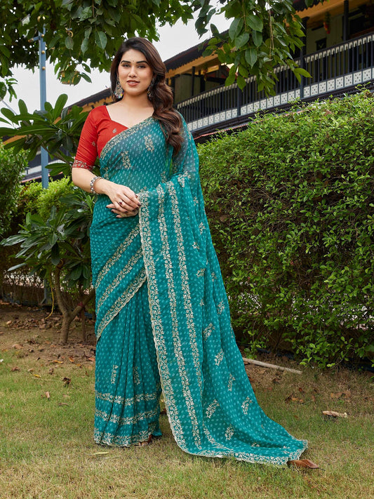 Dwija Fashion Sky Blue Party Wear Embroidered Georgette Saree With Unstitched Blouse
