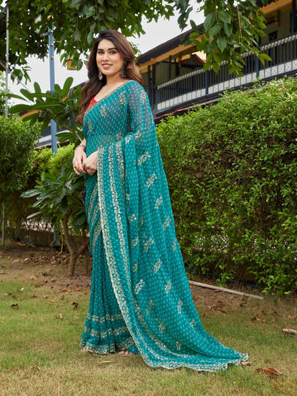 Dwija Fashion Sky Blue Party Wear Embroidered Georgette Saree With Unstitched Blouse