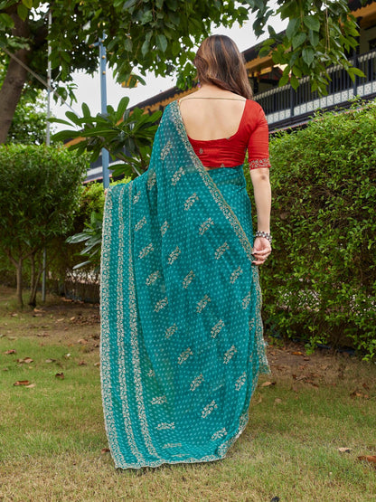 Dwija Fashion Sky Blue Party Wear Embroidered Georgette Saree With Unstitched Blouse