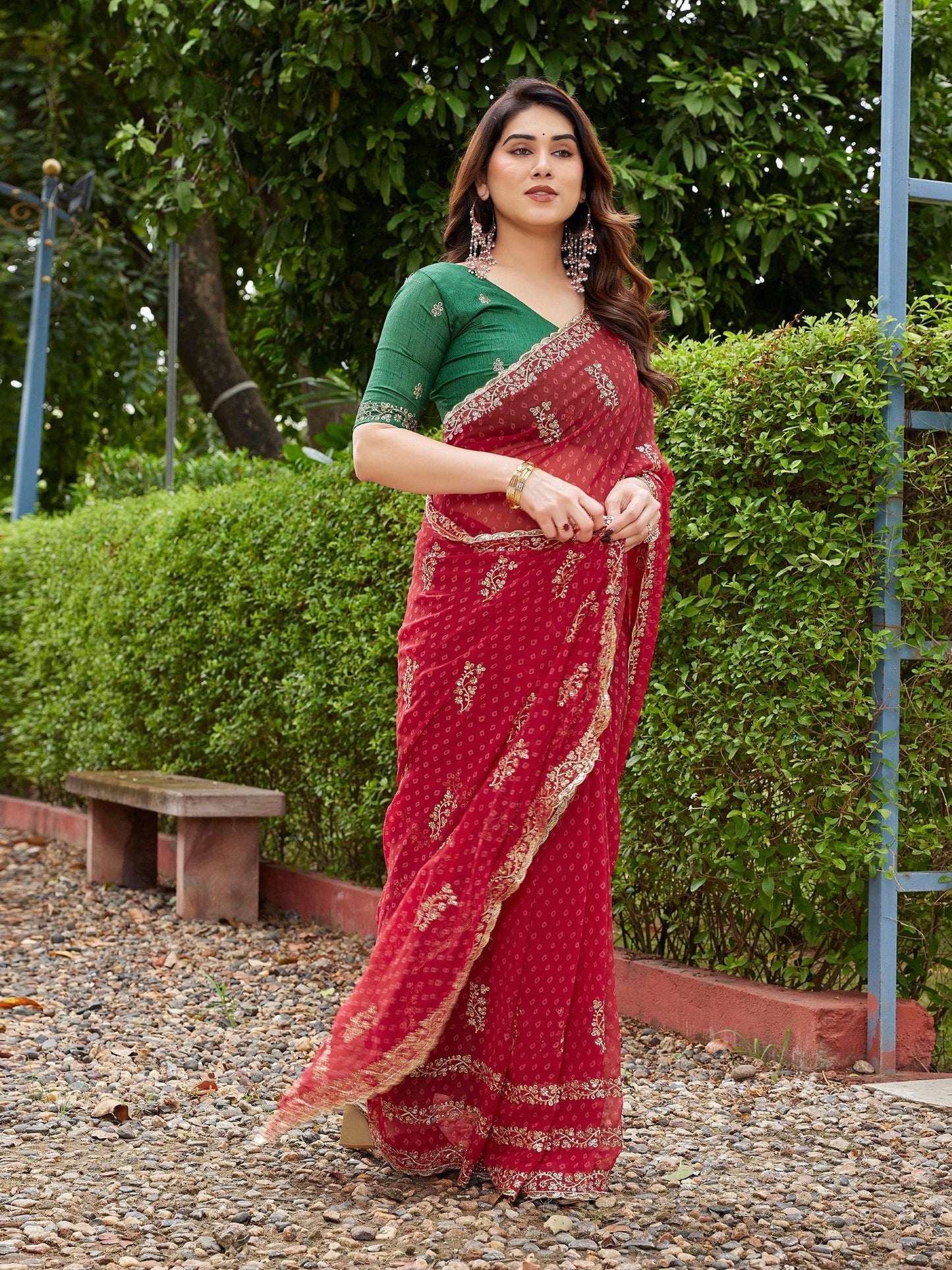 Dwija Fashion Red Party Wear Embroidered Georgette Saree With Unstitched Blouse