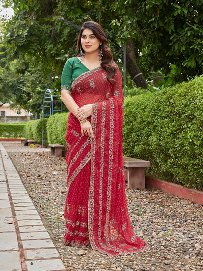 Dwija Fashion Red Party Wear Embroidered Georgette Saree With Unstitched Blouse