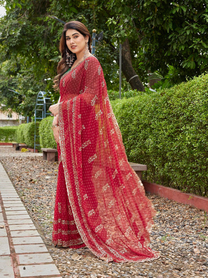 Dwija Fashion Red Party Wear Embroidered Georgette Saree With Unstitched Blouse