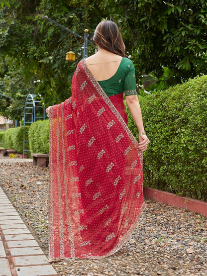 Dwija Fashion Red Party Wear Embroidered Georgette Saree With Unstitched Blouse