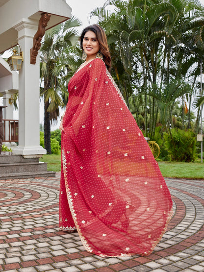 Dwija Fashion Maroon Party Wear Embroidered Georgette Saree With Unstitched Blouse
