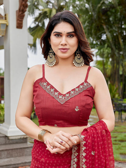 Dwija Fashion Maroon Party Wear Embroidered Georgette Saree With Unstitched Blouse