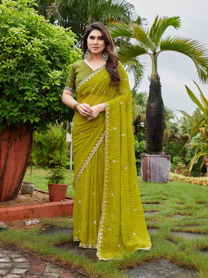 Dwija Fashion Mint Green Party Wear Embroidered Georgette Saree With Unstitched Blouse
